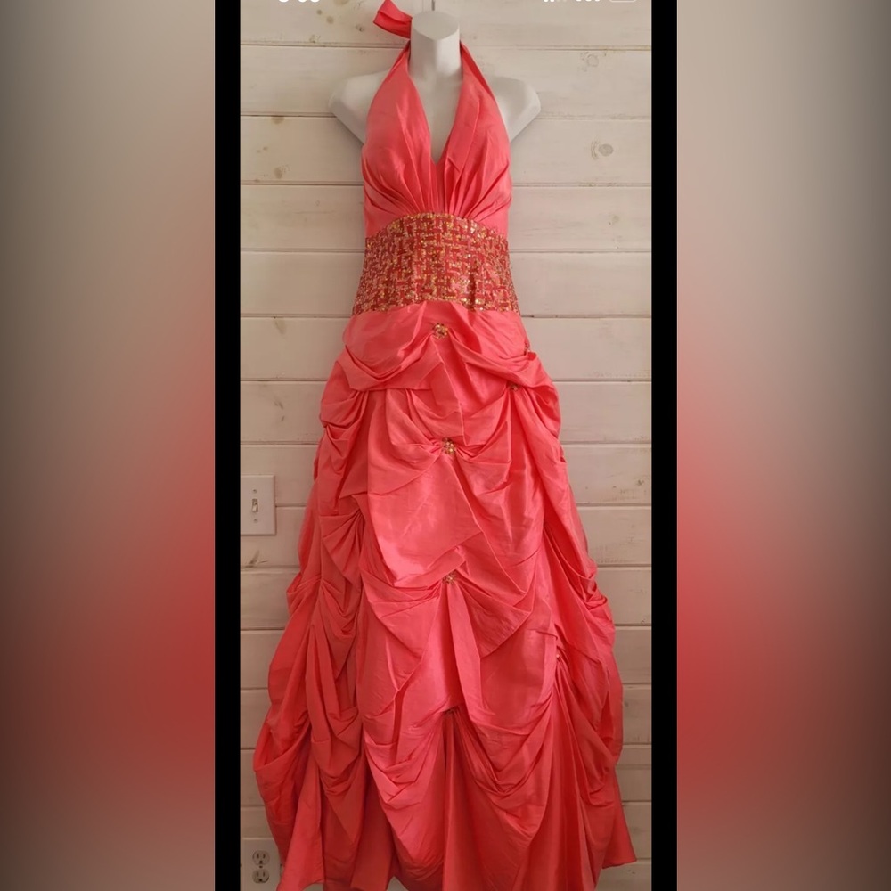 Cinderella coral Embellished Strapless Prom Gown